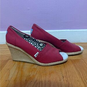 TOMS Cherry Red Canvas Wedges